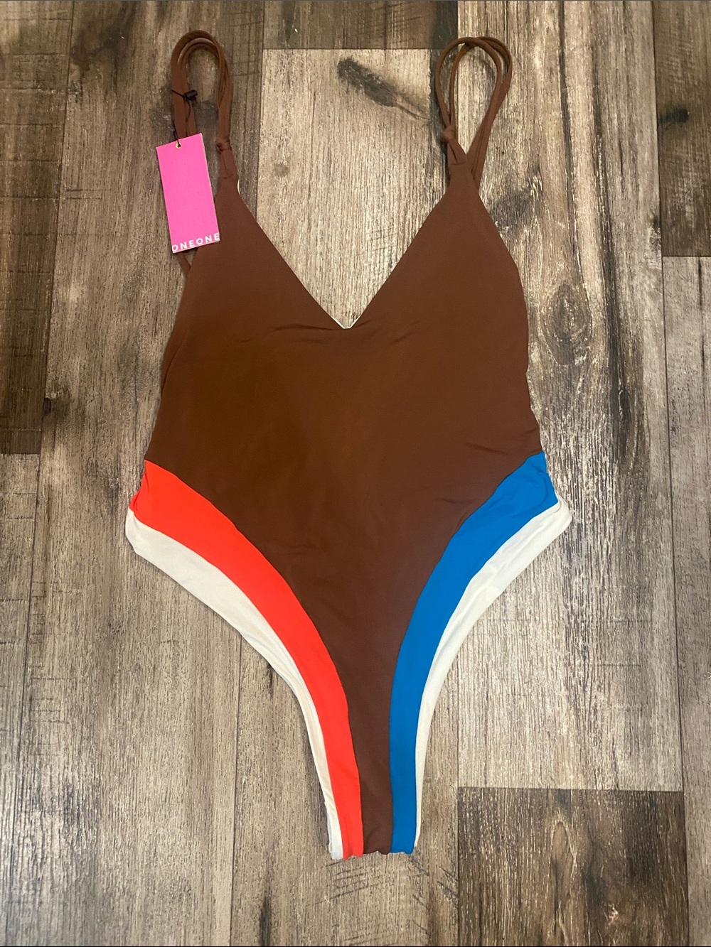 OneOne Brown Colorblock V-Neck One-Piece Swimsuit